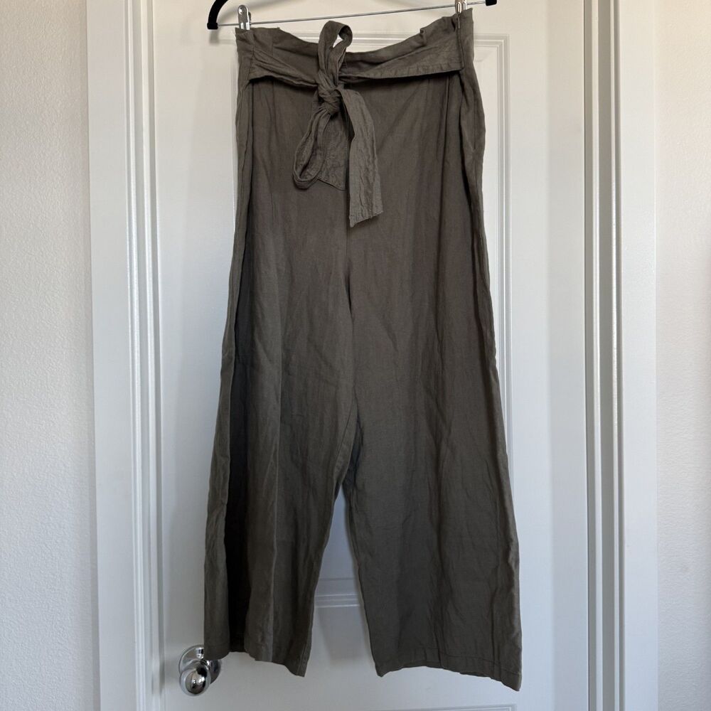 Zara 100% linen wide leg XL paper bag trouser belted olive green summer - Picture 2 of 13